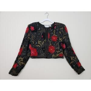 Vtg Laurence Kazar Womens Jacket XL Floral Beaded Sequens Crop Embellished Silk